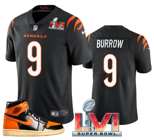 Men's Bengals #9 Joe Burrow 2022 Black Super Bowl LVI Stitched Jersey + AJ 1 Shoes